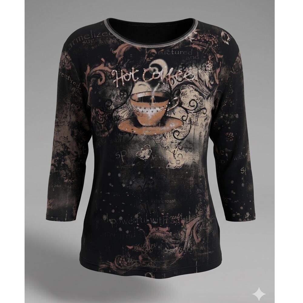 Jess & Jane Womens XL Artsy‎ Y2K Grunge Eclectic Rhinestone Coffee Crewneck Top